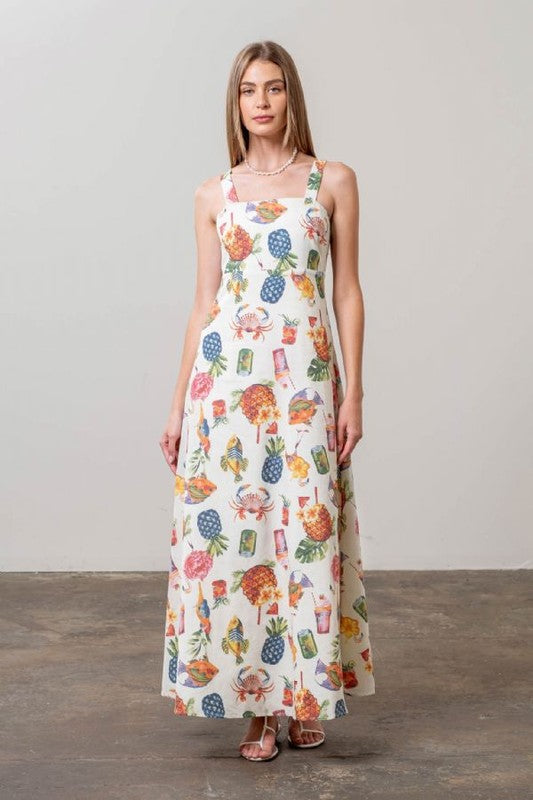 Sleeveless Tropical Print Maxi Dress Cream