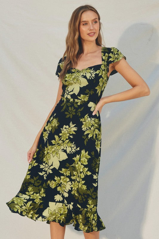  Short Cap Sleeve Floral Print Midi Dress Black