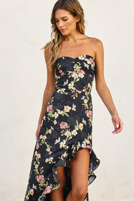 Sleeveless Floral Print Asymmetrical Hem Maxi Dress Black