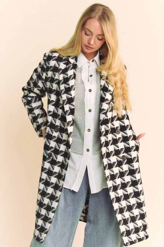 Long Sleeve Houndstooth Print Tweed Coat Black