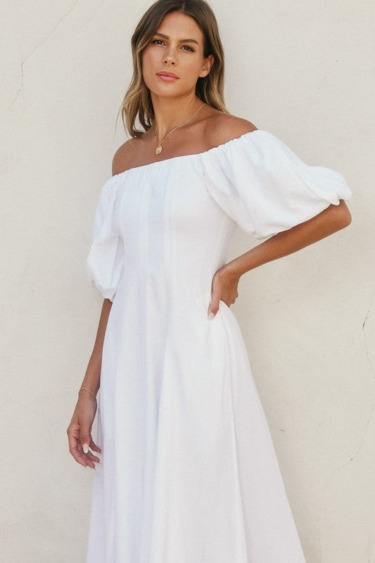 Off The Shoulder Puff Sleeve Linen Midi Dress White