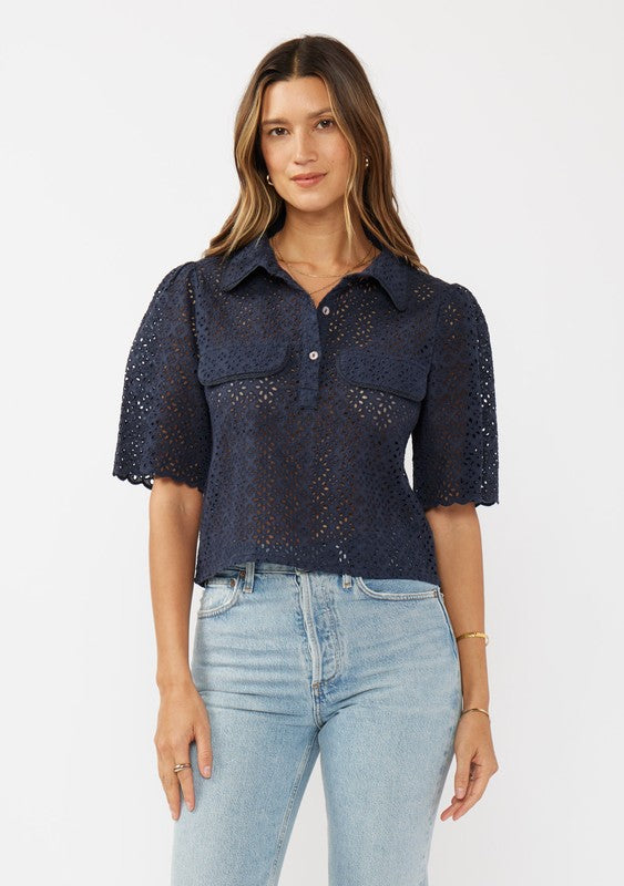 Short Sleeve Floral Lace Cropped Top Navy