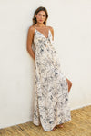 Sleeveless Back Tie Palm Print Linen Maxi Dress White