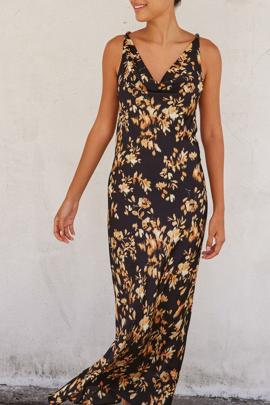 Sleeveless Cowl Neck Twisted Back Floral Print Maxi Dress Black