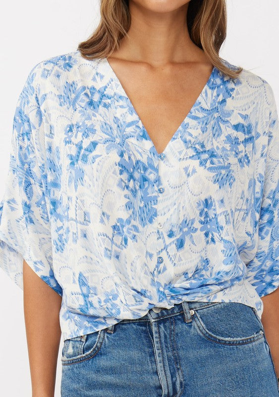 Short Sleeve Button Down Floral Print Top Blue