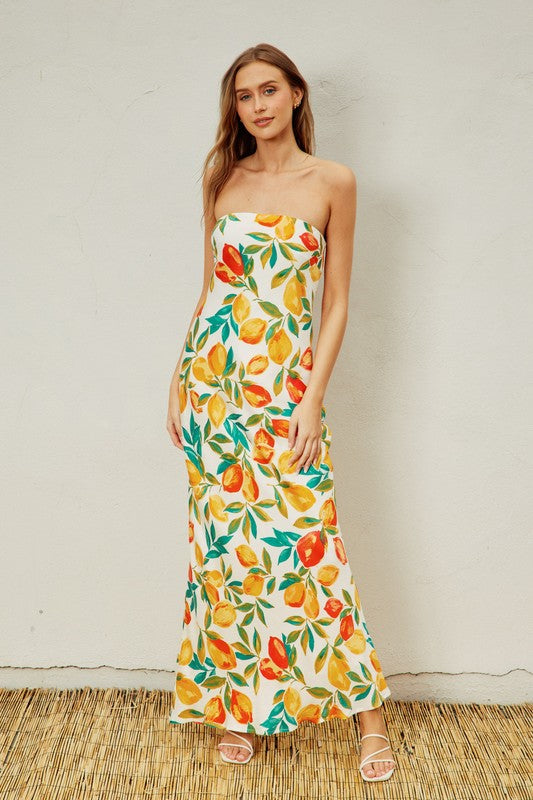  Sleeveless Lemon Print Maxi Dress Yellow