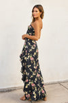 Sleeveless Floral Print Asymmetrical Hem Maxi Dress Black