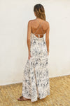 Sleeveless Back Tie Palm Print Linen Maxi Dress White