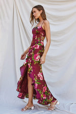 Sleeveless Back Tie Floral Print Maxi Dress Burgundy