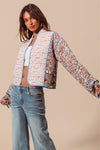 Long Sleeve Paisley Print Open Front Quilted Jacket Blue