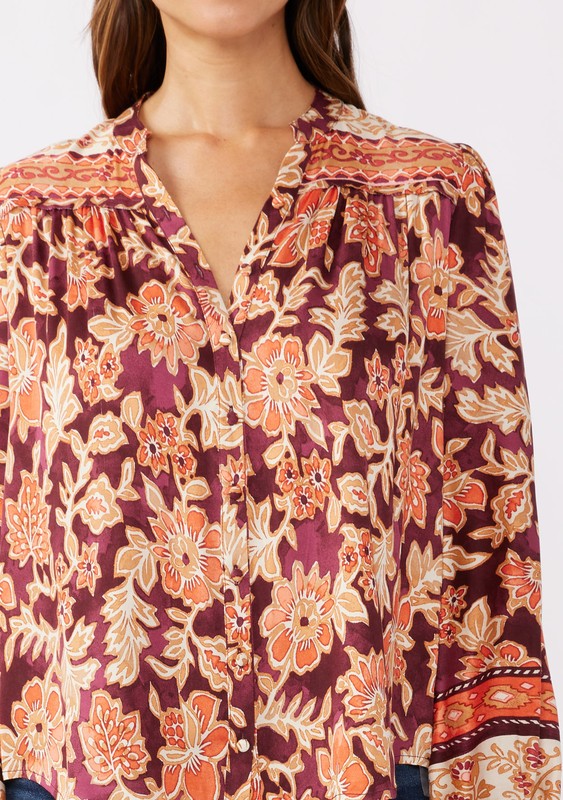 Long Sleeve Button Down Floral Print Top Burgundy