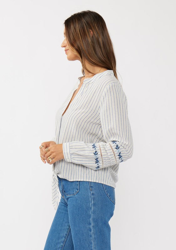 Waitlist 1/26 ♥ Elliott Long Sleeve Front Tie Stripe Print Top Blue