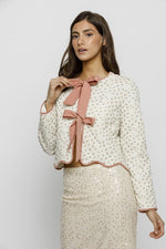 Long Sleeve Floral Printed Bow Tie Quilted Jacket Pink