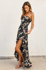 Sleeveless Floral Print Asymmetrical Hem Maxi Dress Black