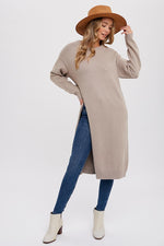 Long Sleeve High Slit Long Pullover Sweater Top Taupe