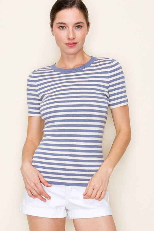 Short Sleeve Stripe Print Sweater Top Blue