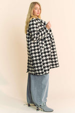 Long Sleeve Houndstooth Print Tweed Coat Black