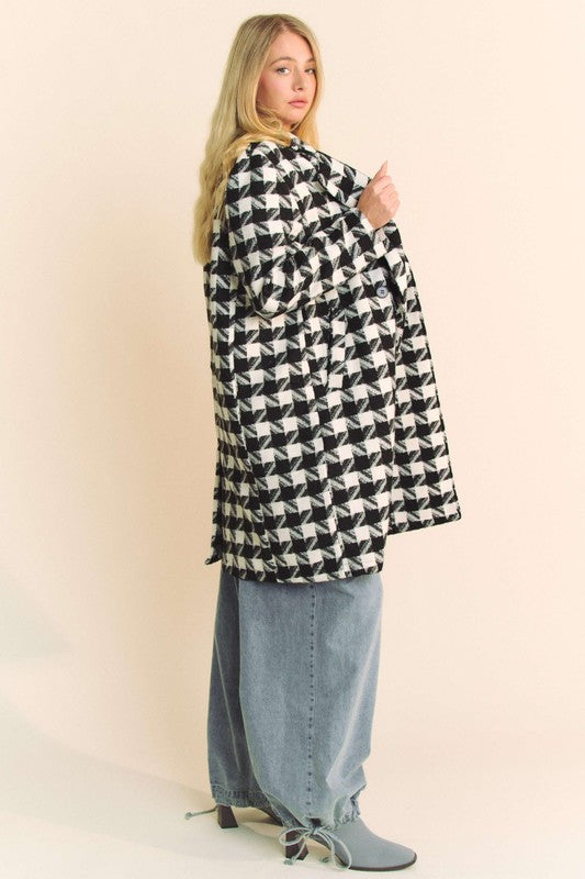 Long Sleeve Houndstooth Print Tweed Coat Black