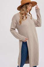 Long Sleeve High Slit Long Pullover Sweater Top Taupe