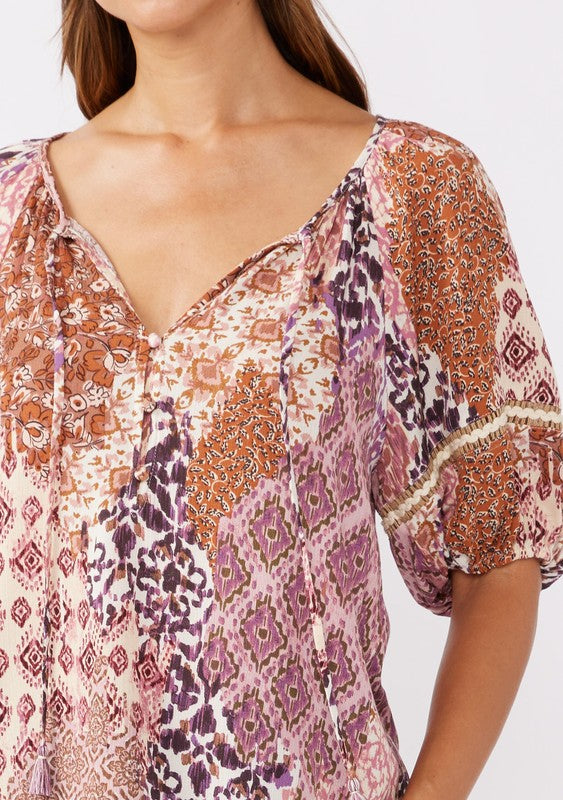  Puff Sleeve Abstract Print Top Mauve
