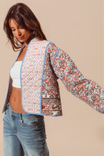  Long Sleeve Paisley Print Open Front Quilted Jacket Blue