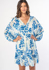 Long Sleeve Open Back Tie Floral Print Mini Dress Blue