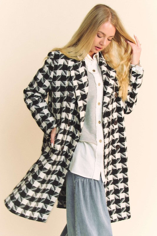 Long Sleeve Houndstooth Print Tweed Coat Black