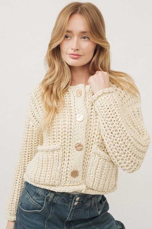 Long Sleeve Chunky Knit Cropped Cardigan Cream