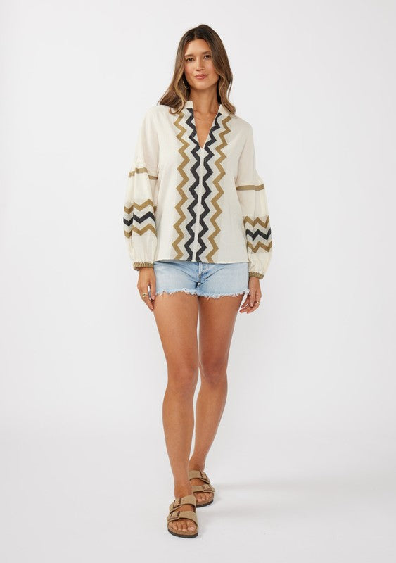 Long Sleeve Jacquard Top Natural