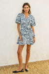  Short Puff Sleeve Floral Print Wrap Mini Dress Navy