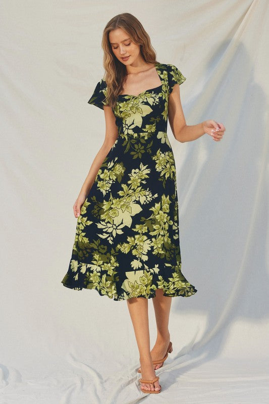  Short Cap Sleeve Floral Print Midi Dress Black