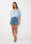 Short Sleeve Button Down Floral Print Top Blue