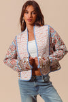  Long Sleeve Paisley Print Open Front Quilted Jacket Blue