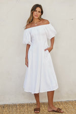 Off The Shoulder Puff Sleeve Linen Midi Dress White