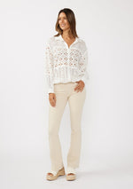 Long Sleeve Embroidered Eyelet Button Down Top White