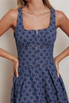 Sleeveless Floral Print Denim Dress Dark Wash