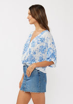 Short Sleeve Button Down Floral Print Top Blue