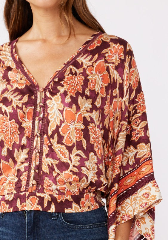 Kimono Sleeve Floral Print Top Burgundy