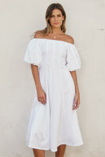 Off The Shoulder Puff Sleeve Linen Midi Dress White