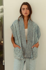 Sleeveless Oversized Open Front Quilted Denim Vest Blue