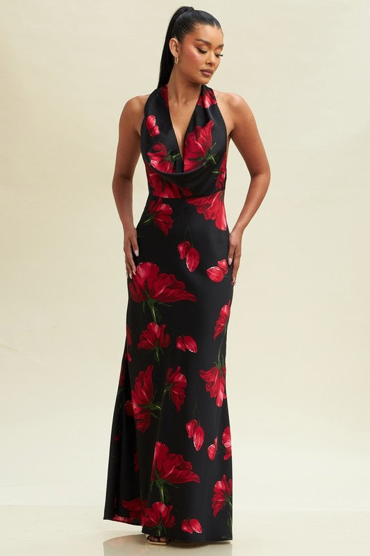 Open Back Halter Tie Floral Print Maxi Dress Black