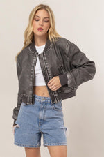 Long Sleeve Vegan Leather Bomber Jacket Black