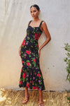 Sleeveless Floral Print Mermaid Midi Dress Black