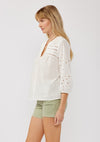 3/4 Sleeve Eyelet Button Down Top White