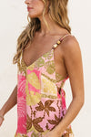  Sleevless Back Tie Tropical Patch Print Romper Pink