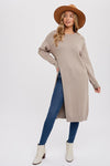 Long Sleeve High Slit Long Pullover Sweater Top Taupe