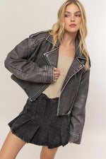 Long Sleeve Vegan Leather Cropped Jacket Blac