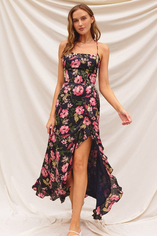 Sleeveless Floral Print Maxi Dress Black