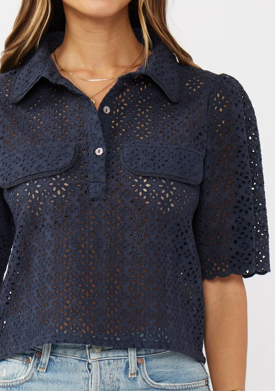 Short Sleeve Floral Lace Cropped Top Navy