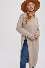 Long Sleeve High Slit Long Pullover Sweater Top Taupe